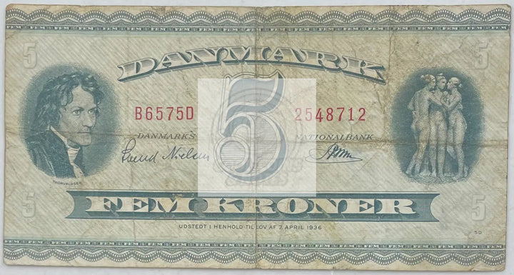 1959 Denmark 5 Kroner P-42o.2 Used World Banknote - Cool Coins & Notes
