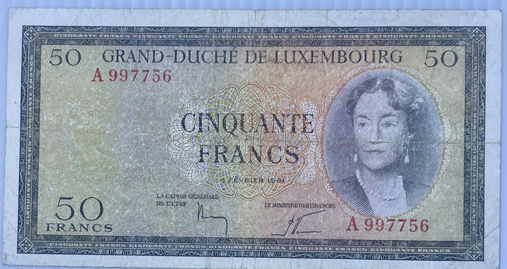 1961 Luxembourg 50 Francs P-51 Used Banknote Cool Coins & Notes
