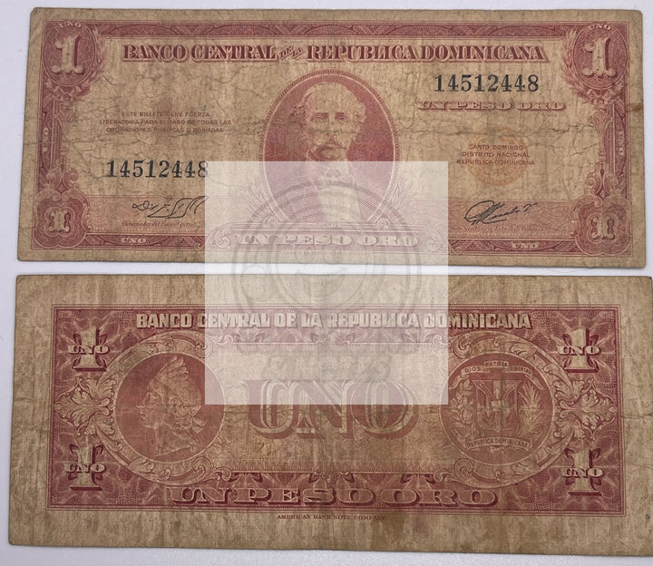 1962 Dominican Republic 1 Peso Oro Gold P-91a Banknote, Used Circulated Scarce - Cool Coins & Notes