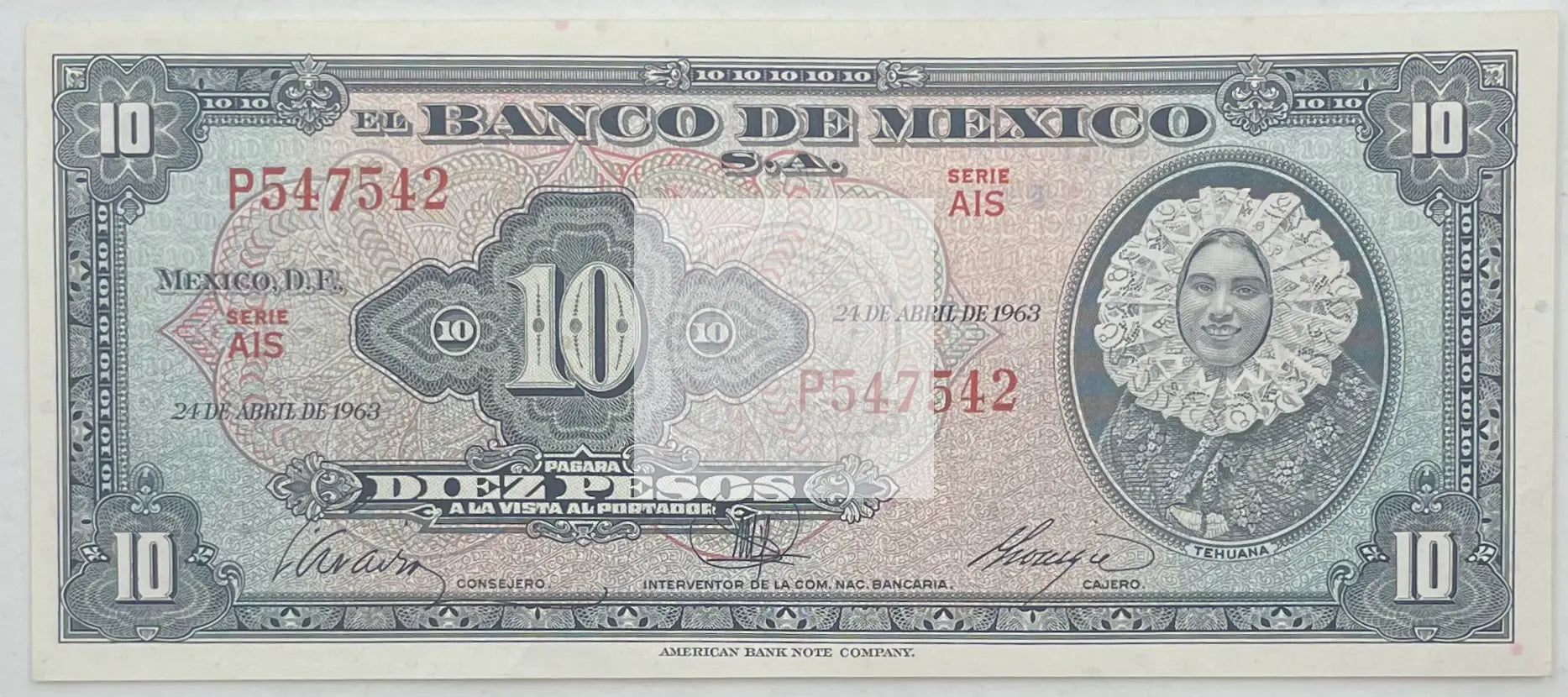 1963 Mexico 10 Pesos banknote UNC P-58