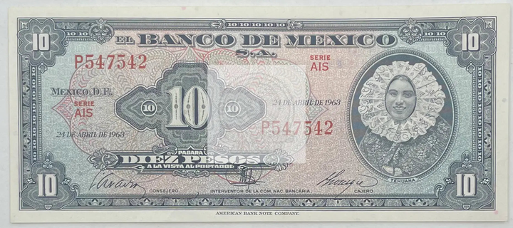1963 Mexico 10 Pesos banknote UNC P-58