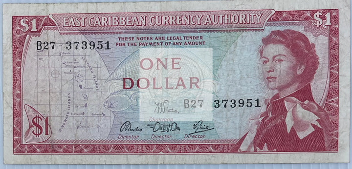 1965 East Caribbean $1 Dollar  P-13d, Used World Banknote - Cool Coins & Notes