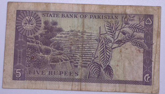 1966 Pakistan 5 Rupees ND P-15 vintage banknote showcasing mid-20th century design and cultural elements