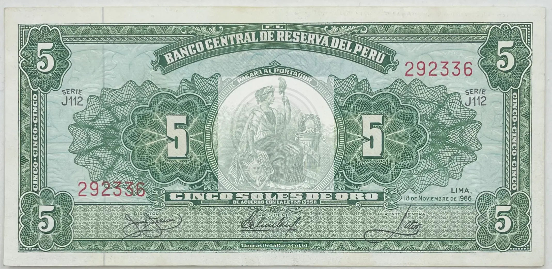 1966 Peru 5 Soles P-83a UNC banknote front view