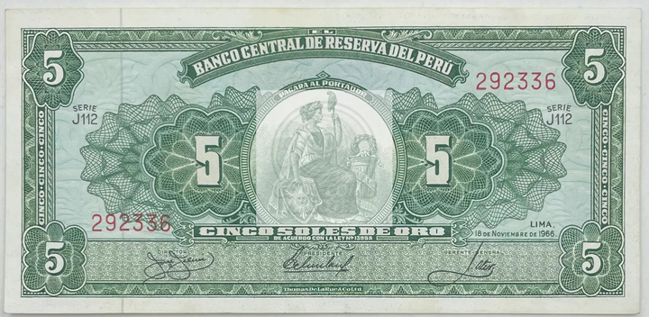 1966 Peru 5 Soles P-83a UNC banknote front view