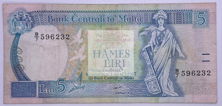 1967 Malta  5 Lori P 46 Used Banknote - Cool Coins & Notes