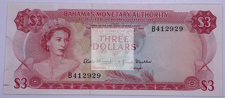 1968 Bahamas 3 Dollars P-28a AU World Banknote Queen Elizabeth II - Cool Coins & Notes
