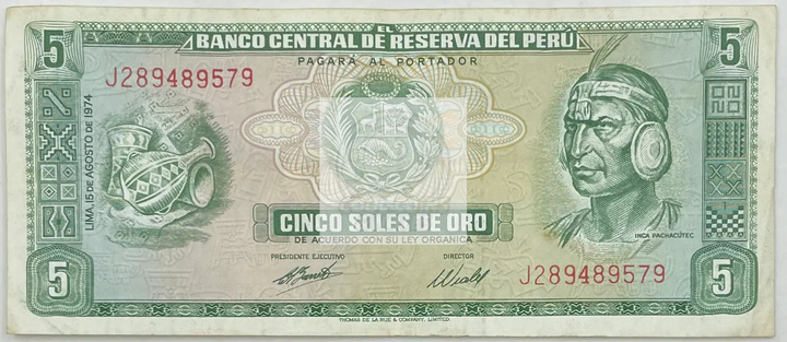 1969 Peru 5 Soloes de Oro banknote P-99a front view