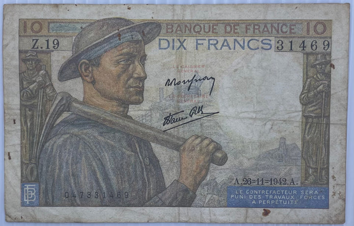 1942 France 10 Francs Circulated World Banknote