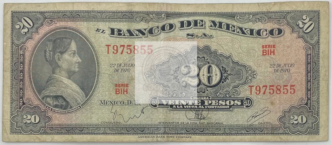 1970 Mexico 20 Pesos  P-54f  Banknote - Cool Coins & Notes