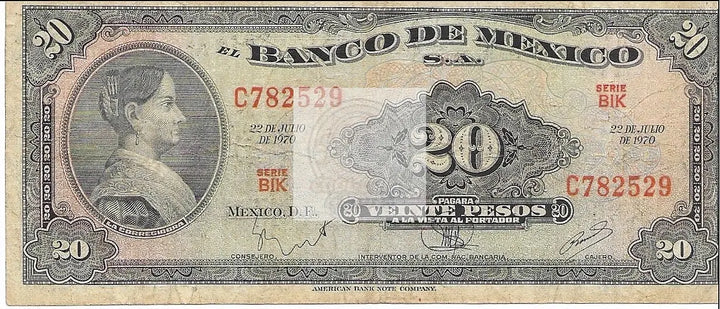 1970 Mexico 20 Pesos Series BIK Prefix C Scarce  Banknote P-54p - Cool Coins & Notes