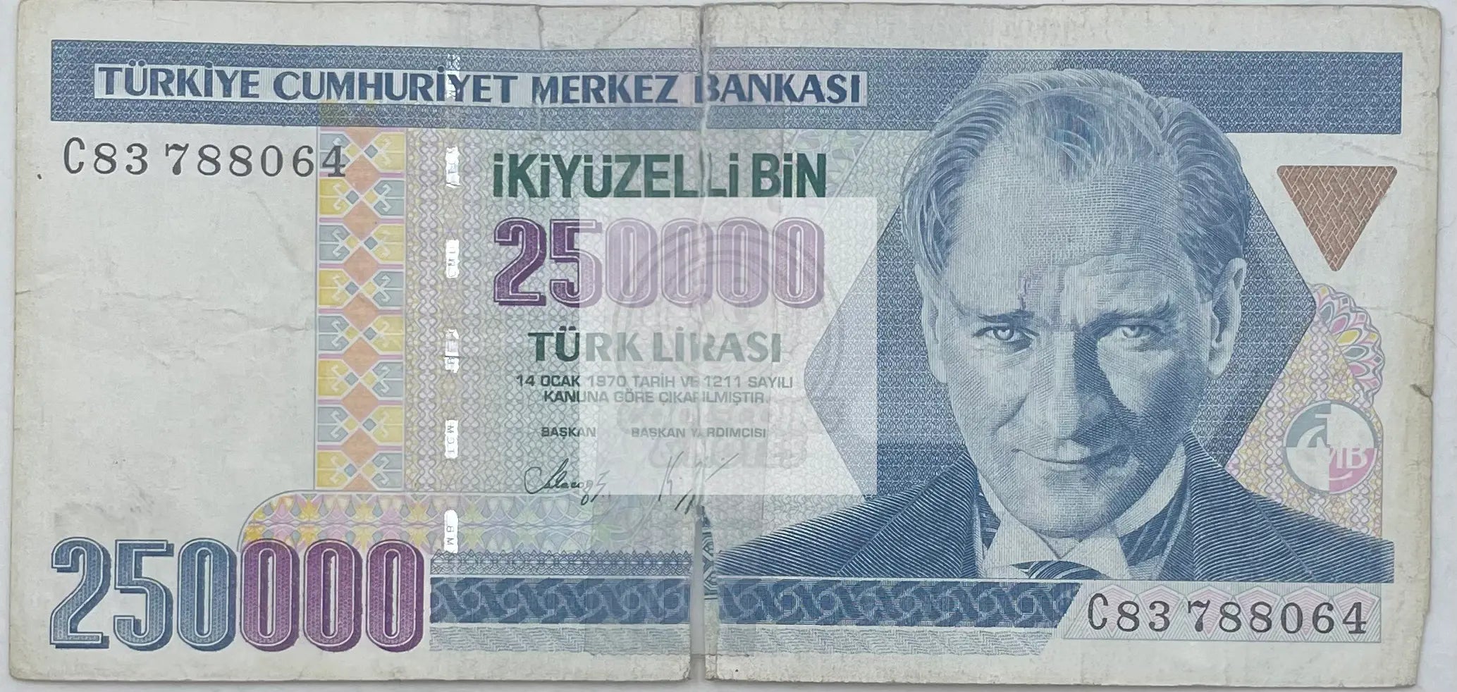 1970 Turkey 250,000 Lira P-211 Used World Banknote - Cool Coins & Notes