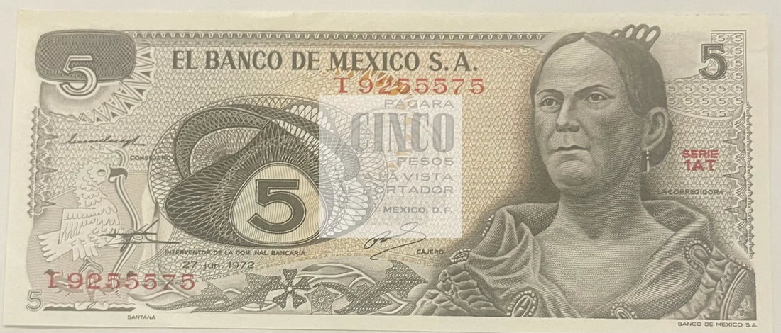 1971 Mexico 5 Pesos P-26b1.1, UNC World Banknote - Cool Coins & Notes