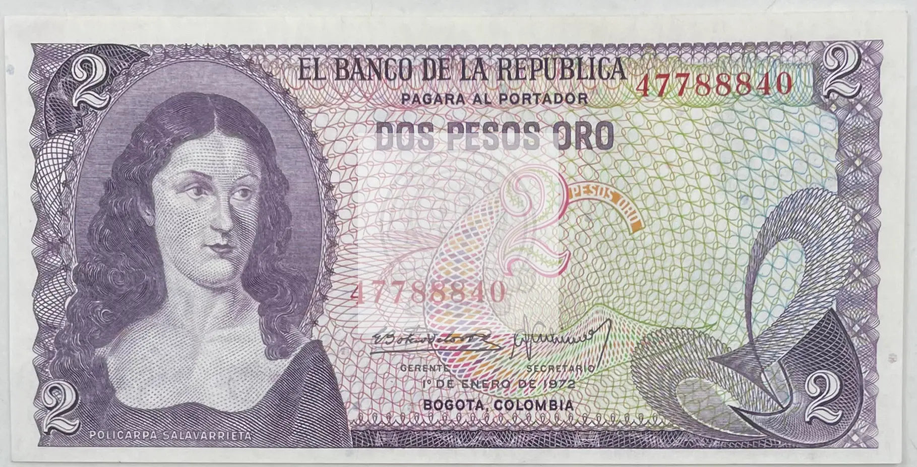 1972 Columbia  2 Pesos Oro  P-413a.1  UNC World Banknote - Cool Coins & Notes