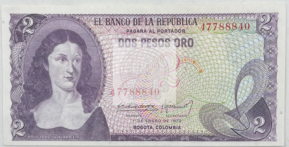 1972 Columbia  2 Pesos Oro  P-413a.1  UNC World Banknote - Cool Coins & Notes