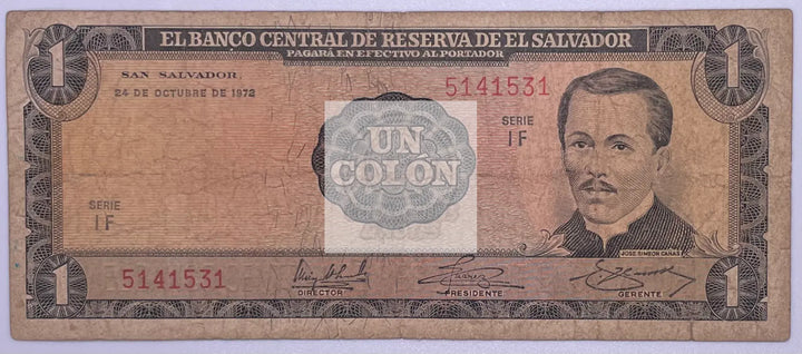 1972 EL SALVADOR - 1 COLON - P#115, Used Banknote - Cool Coins & Notes