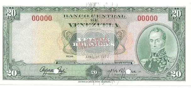 🇻🇪 1972 Venezuela 20 Bolivars Specimen with Red overprint: Muestra. - Cool Coins & Notes