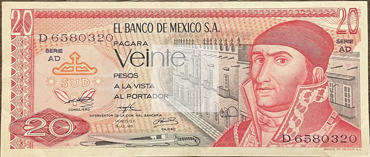 1973 Mexico 20 Pesos P-64 Banknote Circulated - Cool Coins & Notes