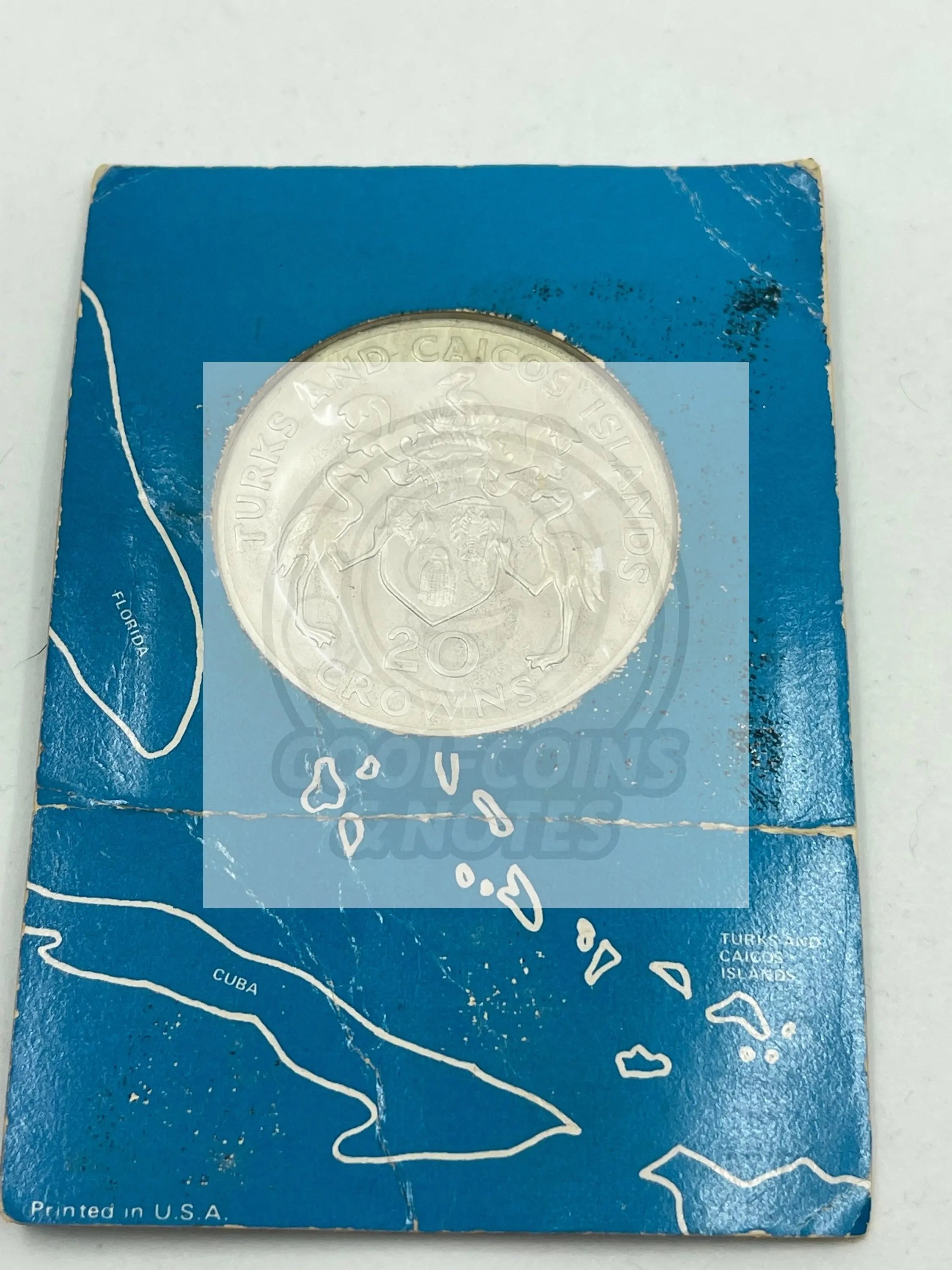 1974 Turks and Caicos Islands Sterling Silver 20 Crown, P 15112 - Cool Coins & Notes