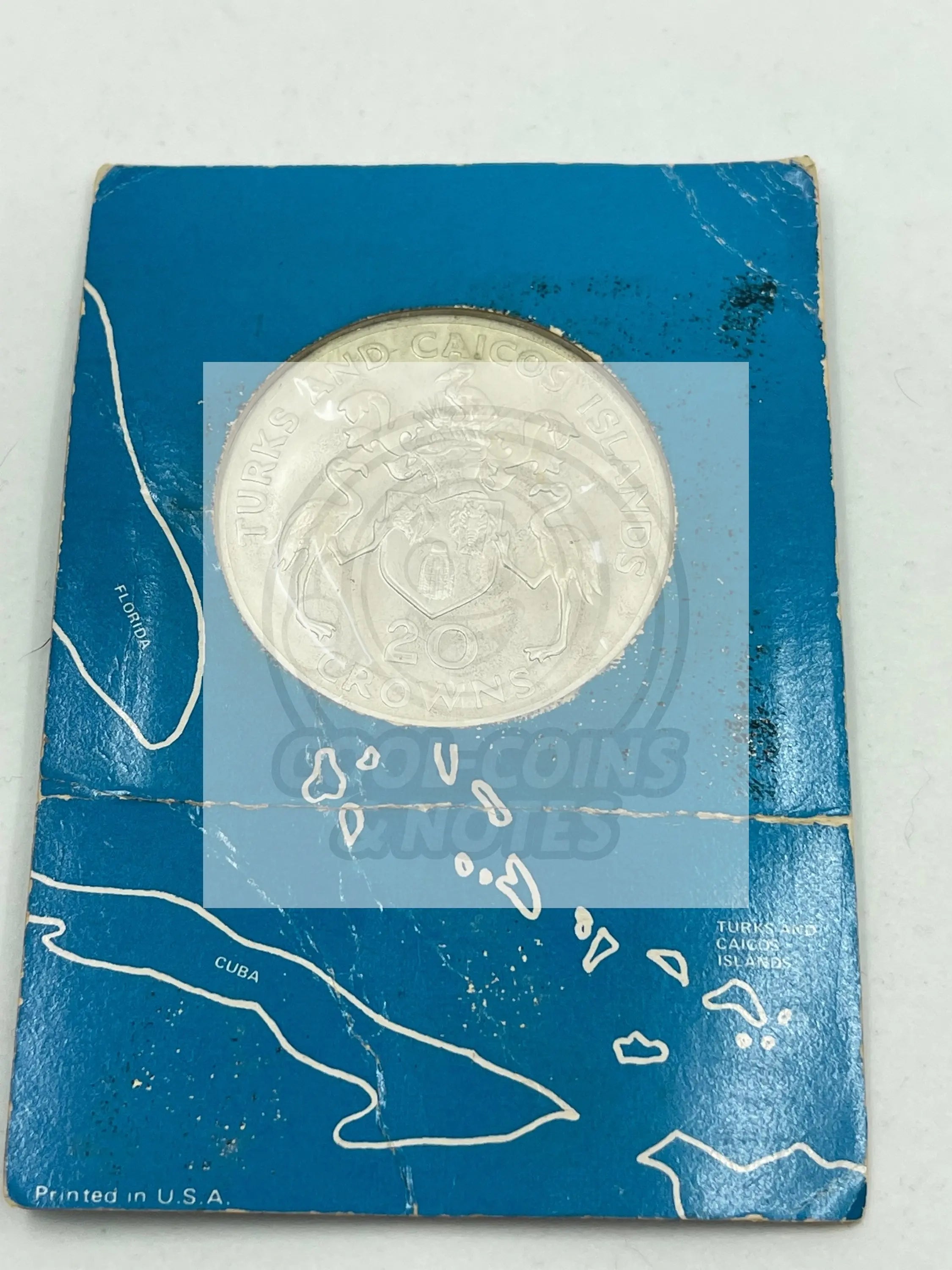 1974 Turks and Caicos Islands Sterling Silver 20 Crown, P 15112 - Cool Coins & Notes