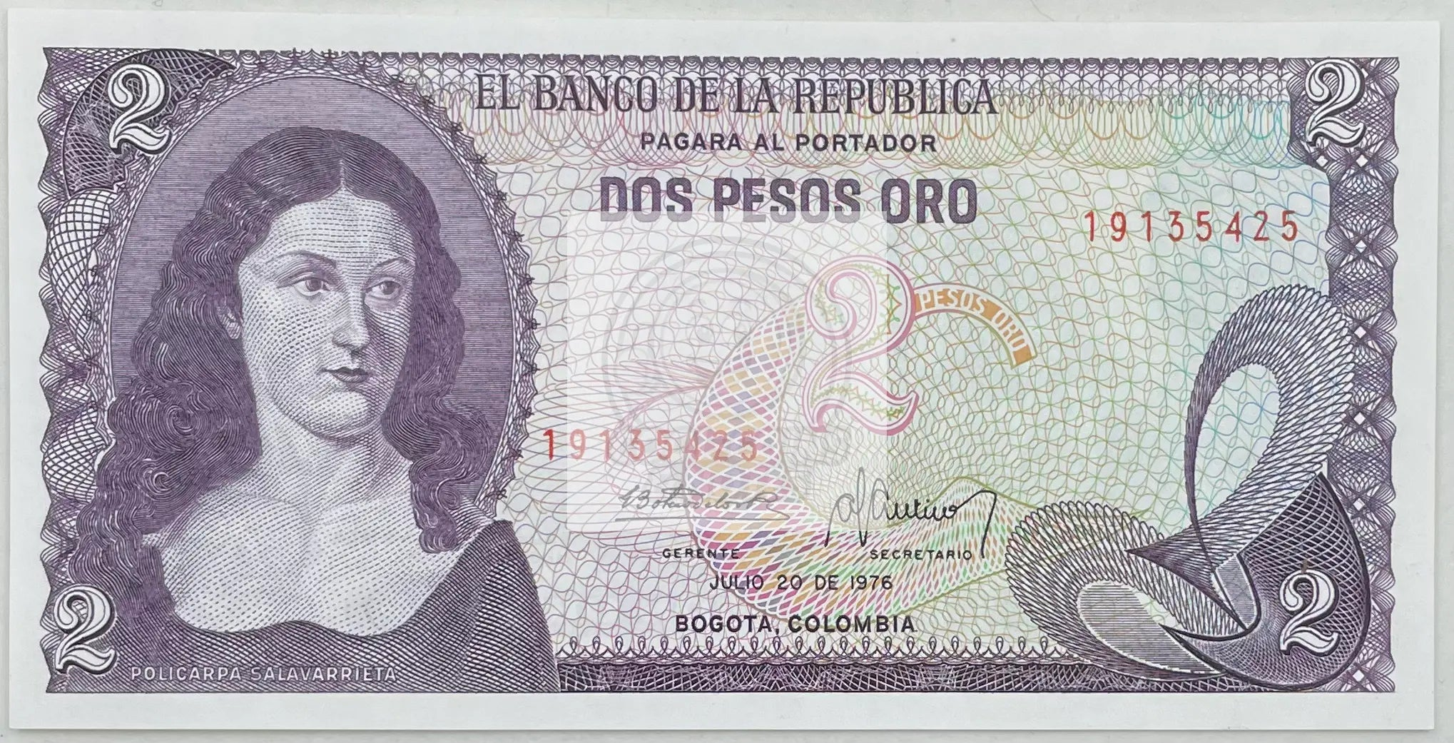 1977 Columbia 2 Pesos Oro P-413b UNC Banknote
