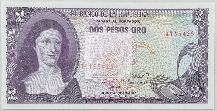 1977 Columbia 2 Pesos Oro P-413b UNC Banknote