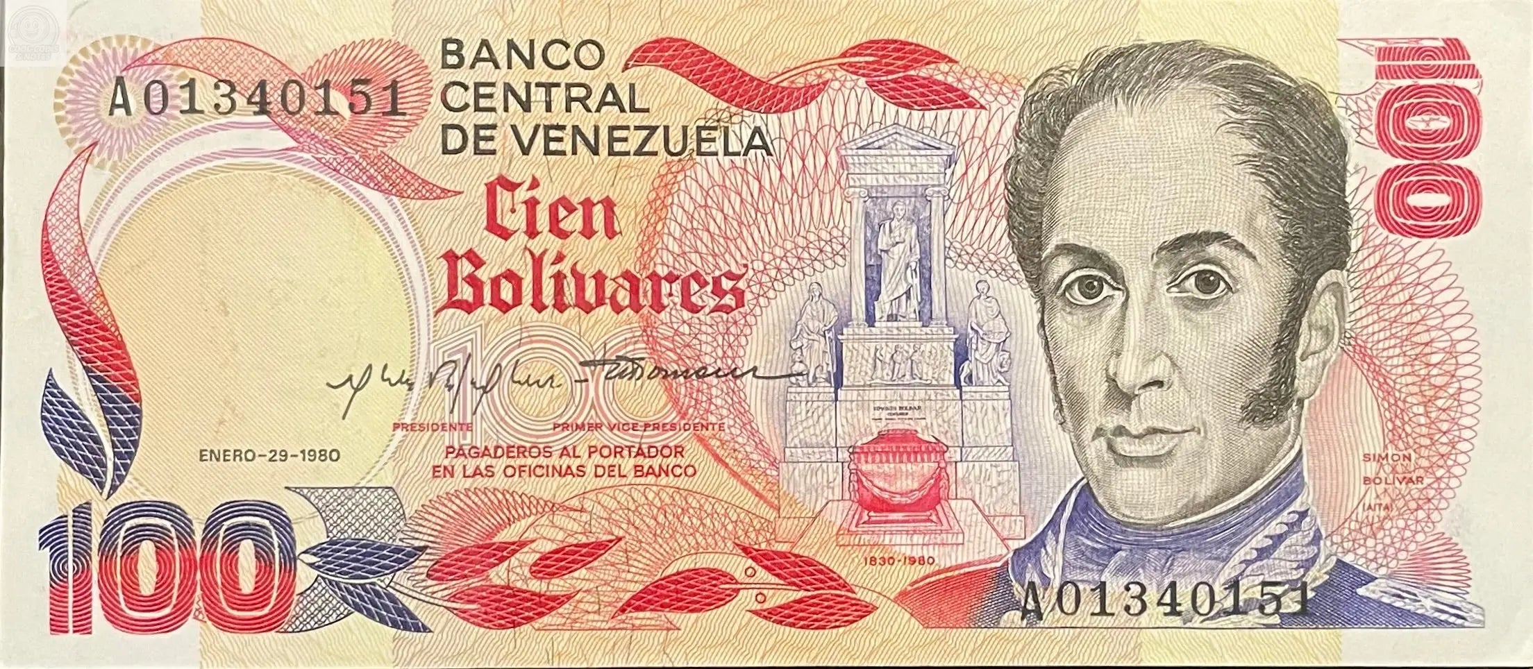 1980 Venezuela 100 Bolivares P-59 Commemorative UNC Banknote Cool Coins & Notes