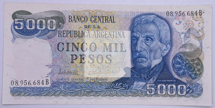 1982 Argentina 5000 Pesos P-305b Banknote UNC - Cool Coins & Notes