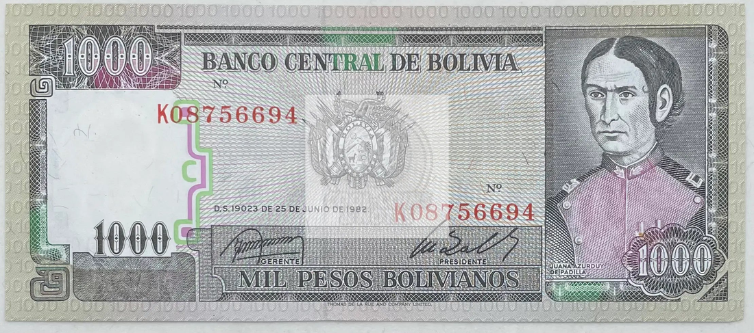 1982 Bolivia 1,000 Pesos Bolivianos P-167 UNC banknote front view
