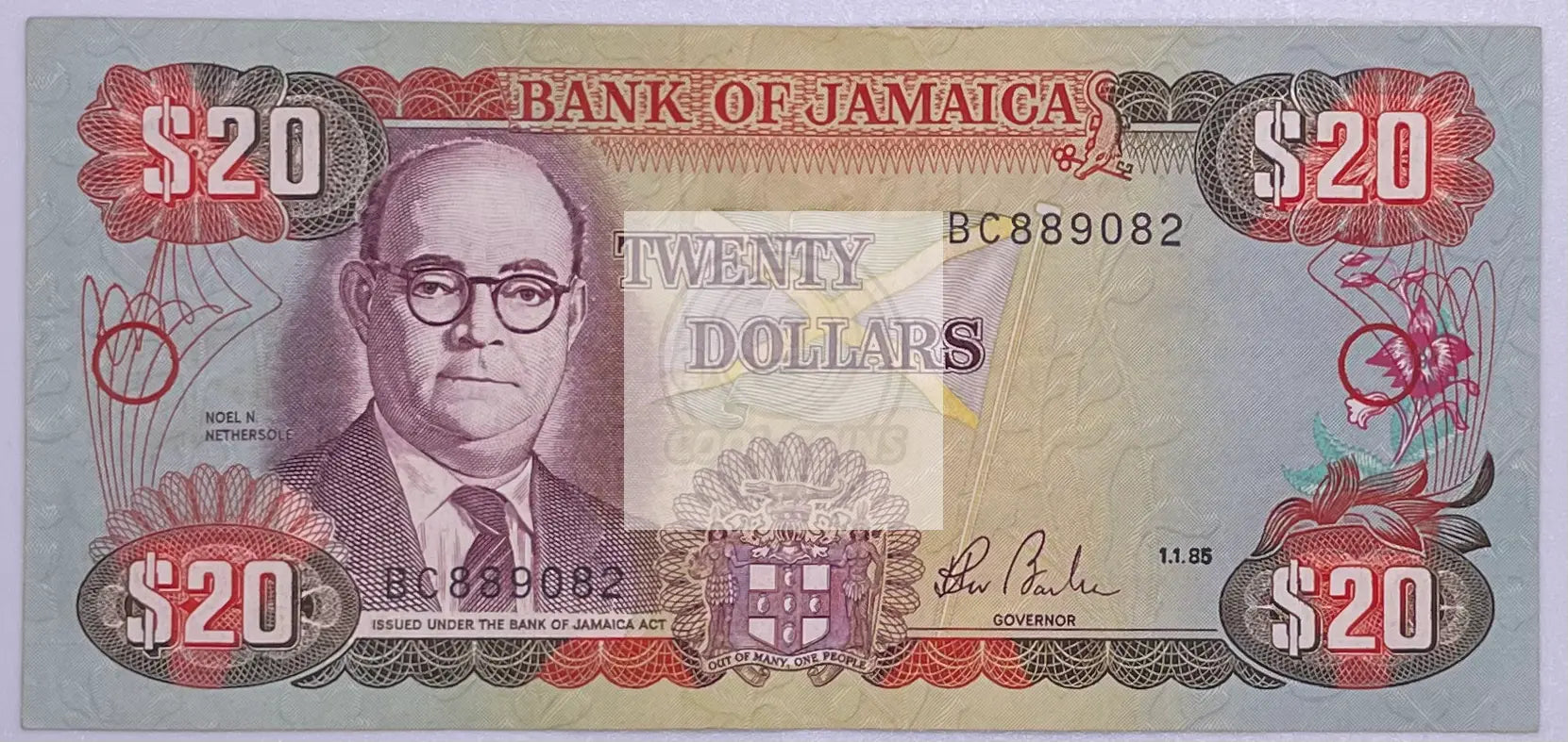 Jamaica 1985 $20 Dollars banknote featuring Marcus Garvey and National Heroes Park design