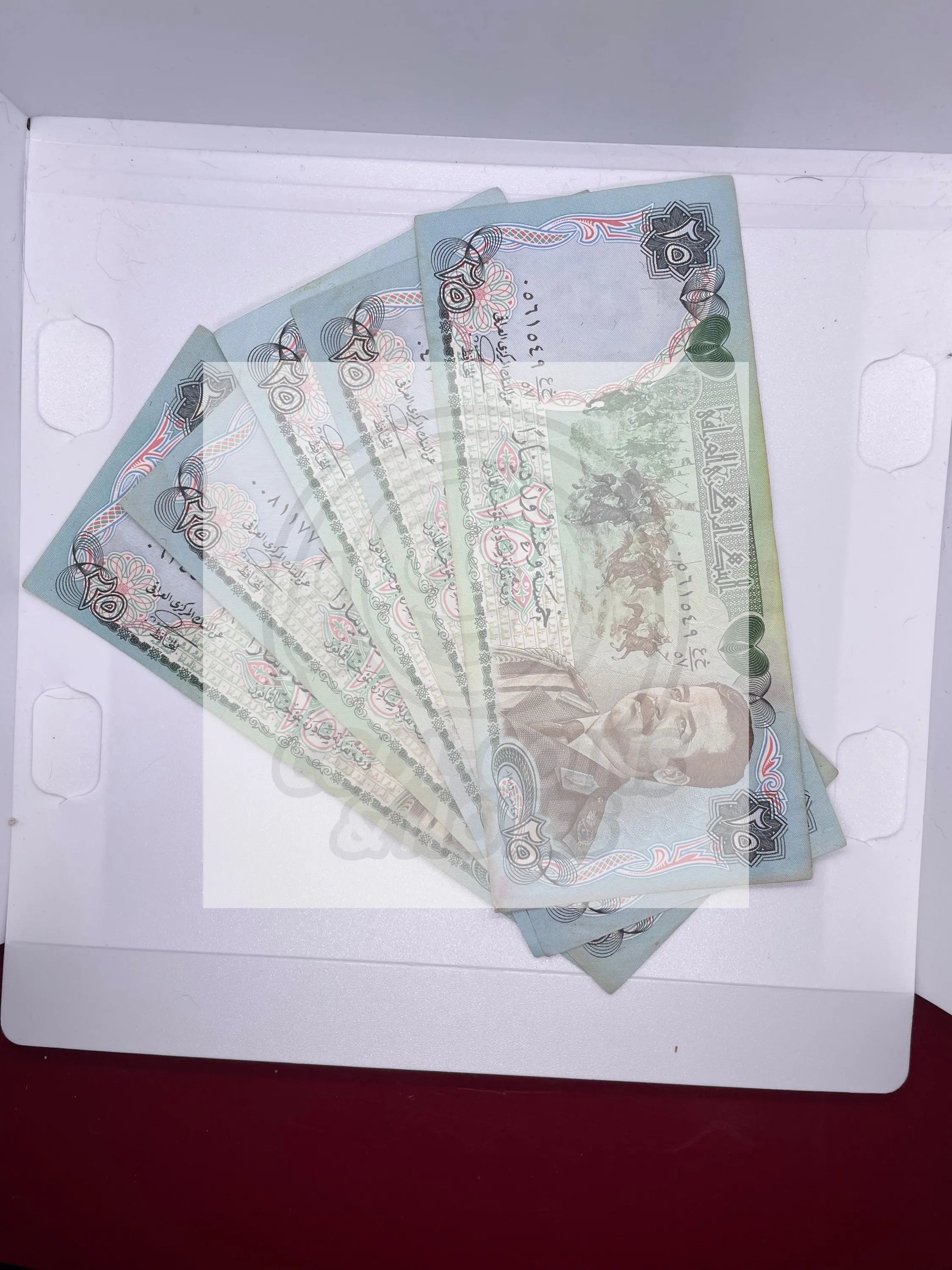 1986 Iraq banknotes 5 pieces 25 dinars featuring Saddam Hussein Swiss printing