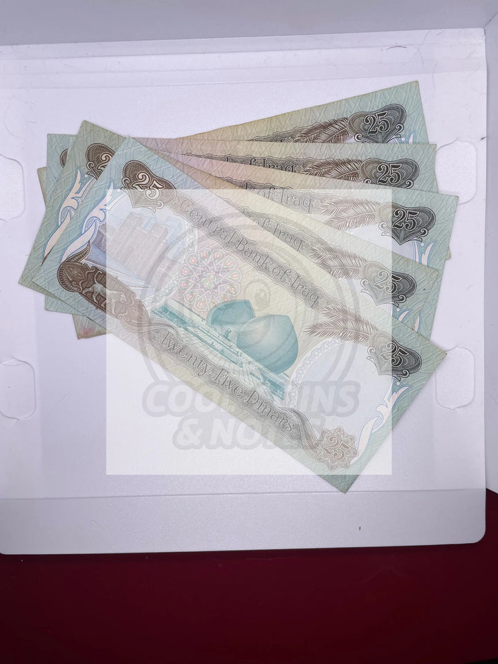 1986 IRAQ 5 PCS x 25 DINARS BANKNOTES P-73 SADDAM HUSSEIN SWISS - Cool Coins & Notes
