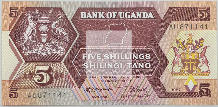 1987 Uganda 5 Shillings UNC banknote front view