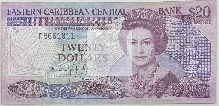1988-1993 Eastern Caribbean States $20 Dollars P-24m, Used World Banknote - Cool Coins & Notes