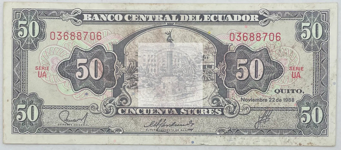 1988 Ecuador 50 Sucres  P-122 Used World Banknote - Cool Coins & Notes