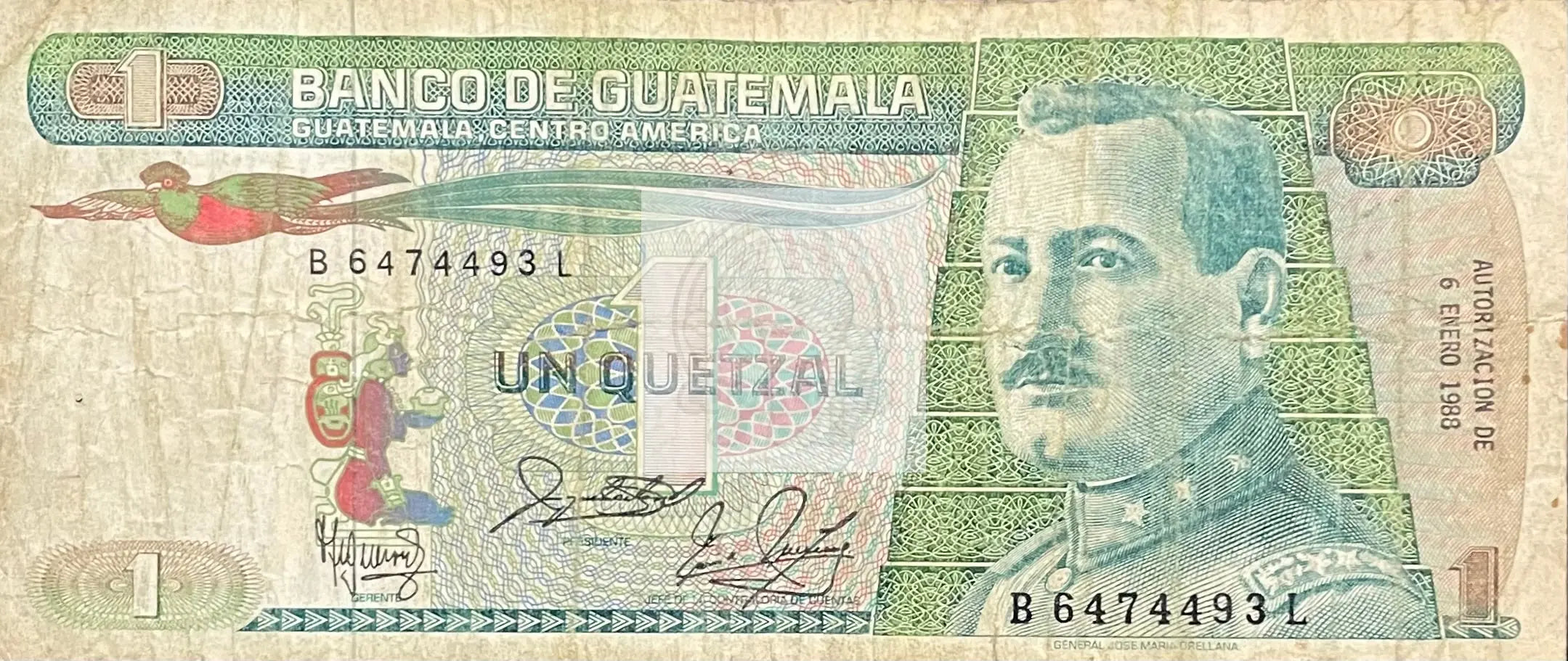 1988 Guatemala 1 Quetzal P-66 Circulated Banknote Cool Coins & Notes 