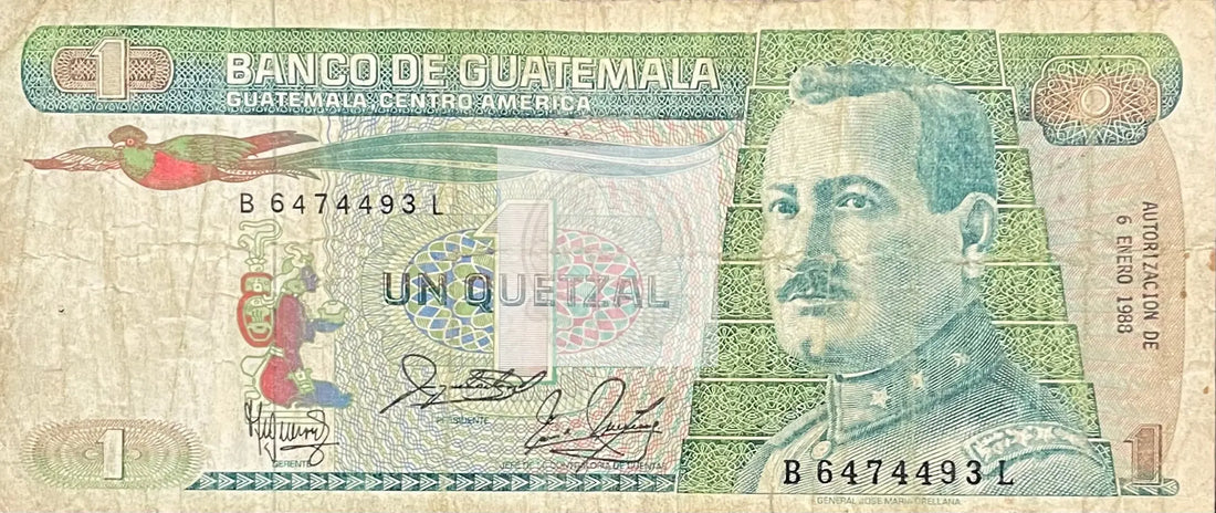 1988 Guatemala 1 Quetzal P-66 Circulated Banknote Cool Coins & Notes 