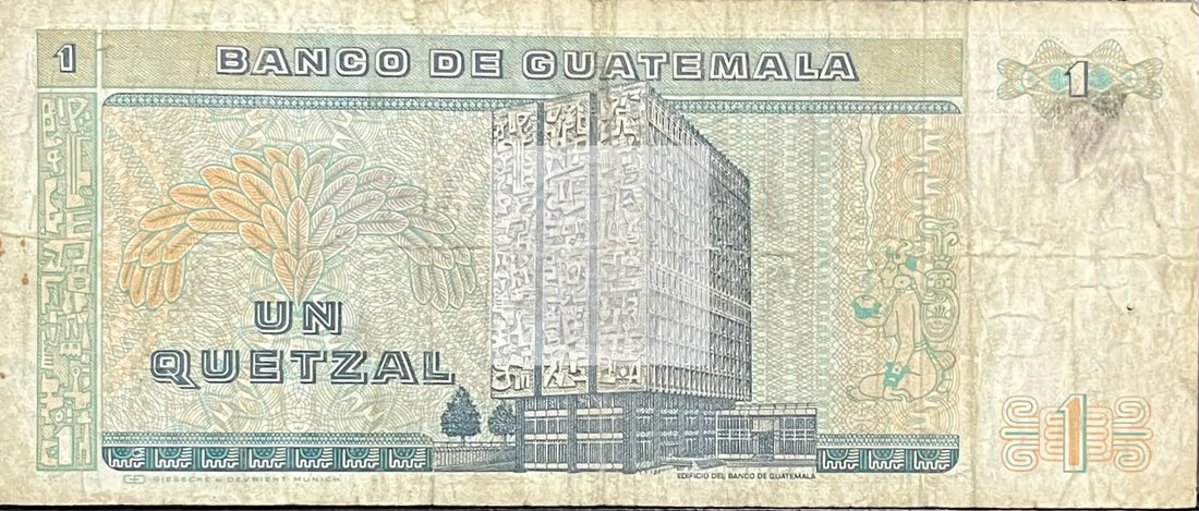 1988 Guatemala 1 Quetzal P-66 Circulated Banknote Cool Coins & Notes 