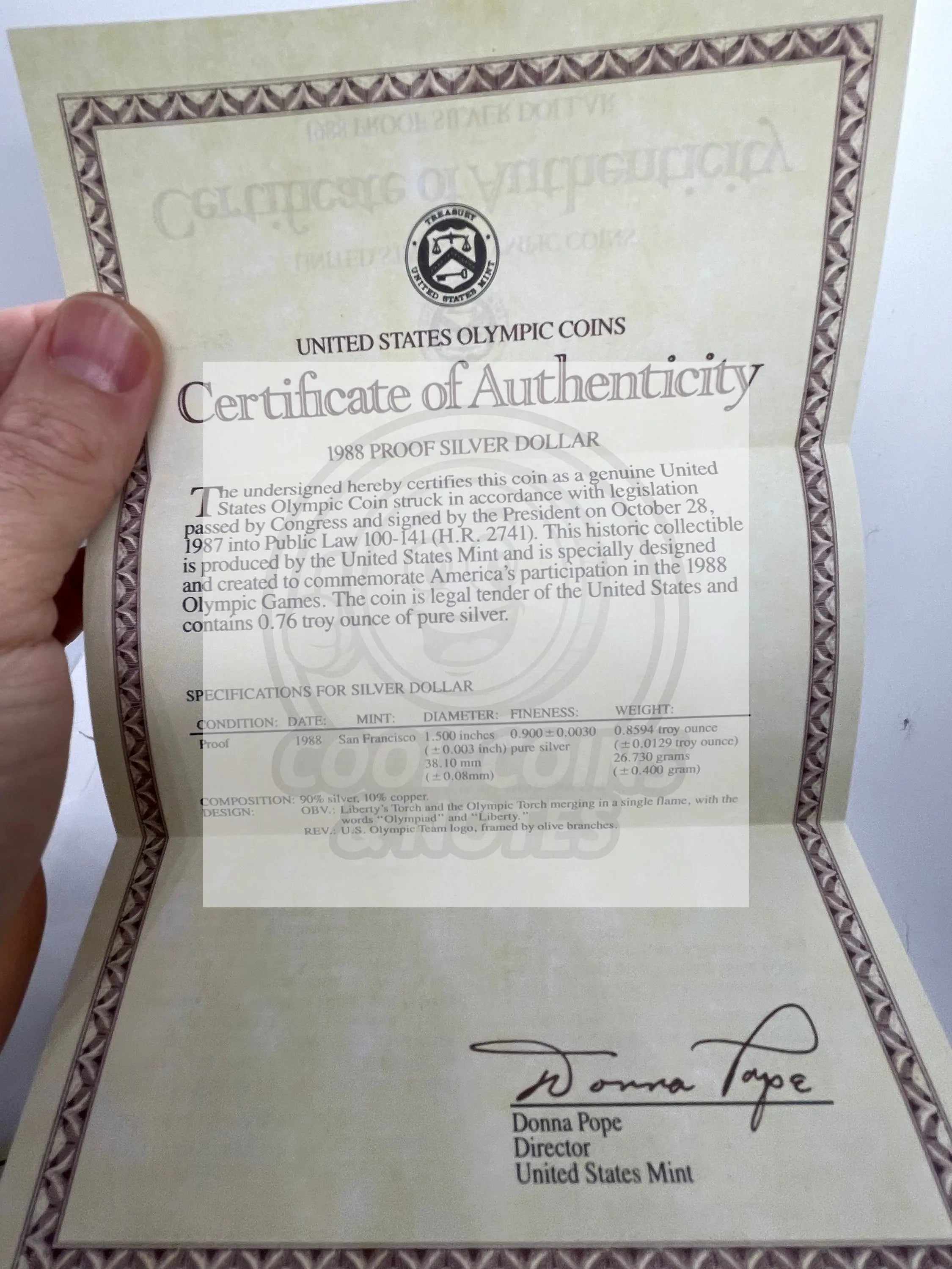 1988-S Seoul Olympiad - Proof Silver Dollar - Box & COA - Cool Coins & Notes