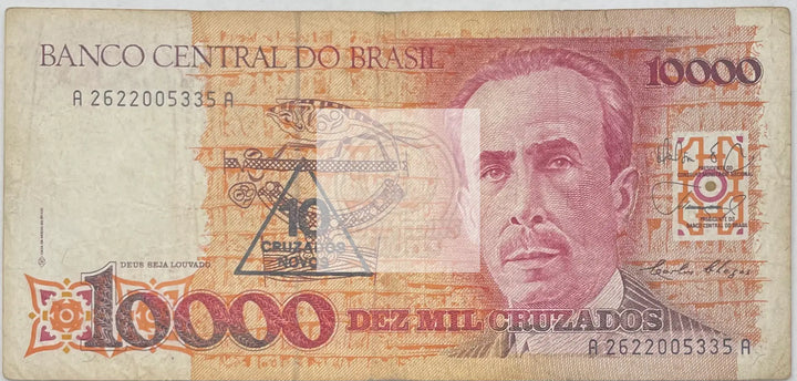 1989 Brazil 10 on 10,000 Cruzados P-218 Used World Banknote - Cool Coins & Notes