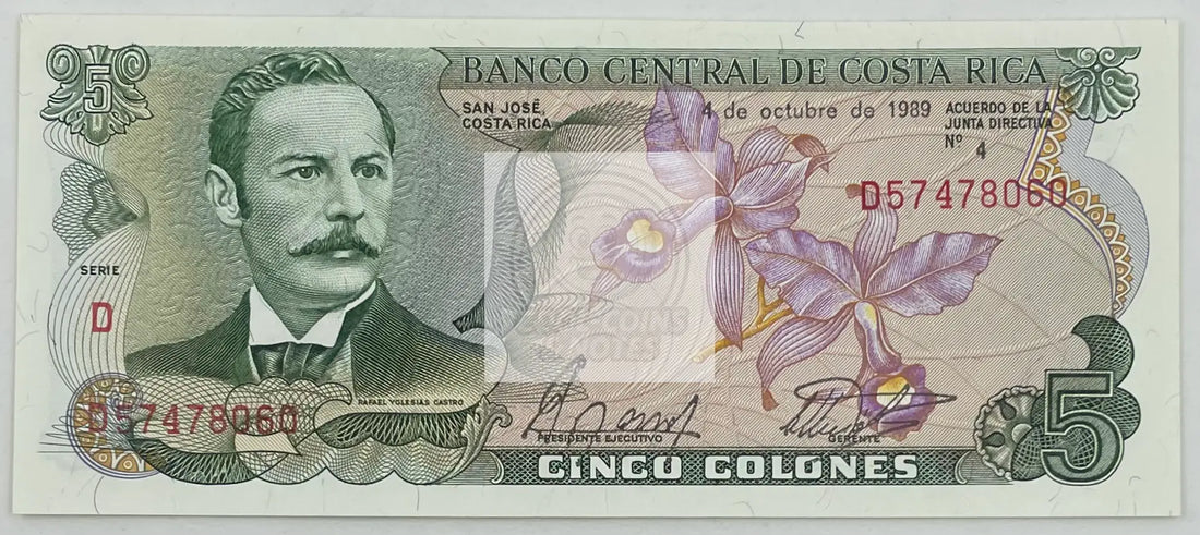 1989 Costa Rica 5 Colones P-236d UNC Banknote - Cool Coins & Notes