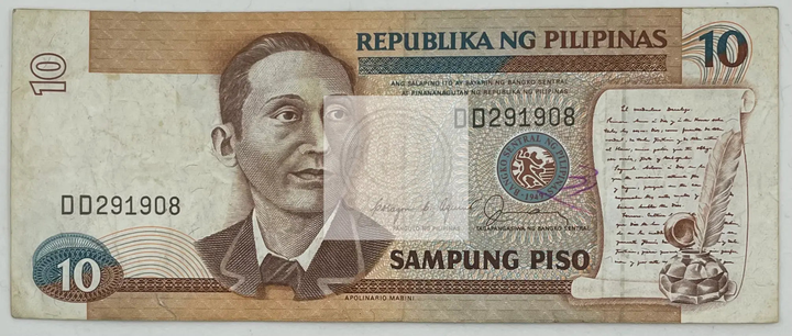 1990 Philippines 10 Piso banknote featuring Apolinario Mabini and Barasoain Church in circulated condition