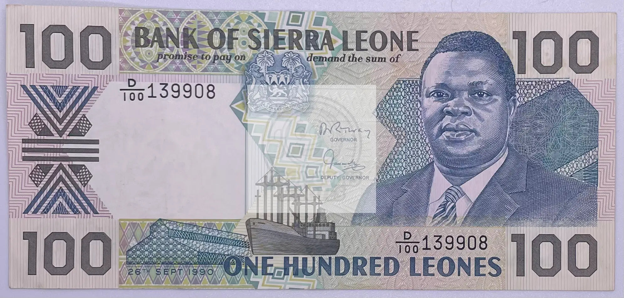 1990 Sierra Leone 100 Leones Freighter P18c Banknote - Cool Coins & Notes