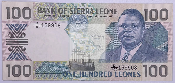 1990 Sierra Leone 100 Leones Freighter P18c Banknote - Cool Coins & Notes
