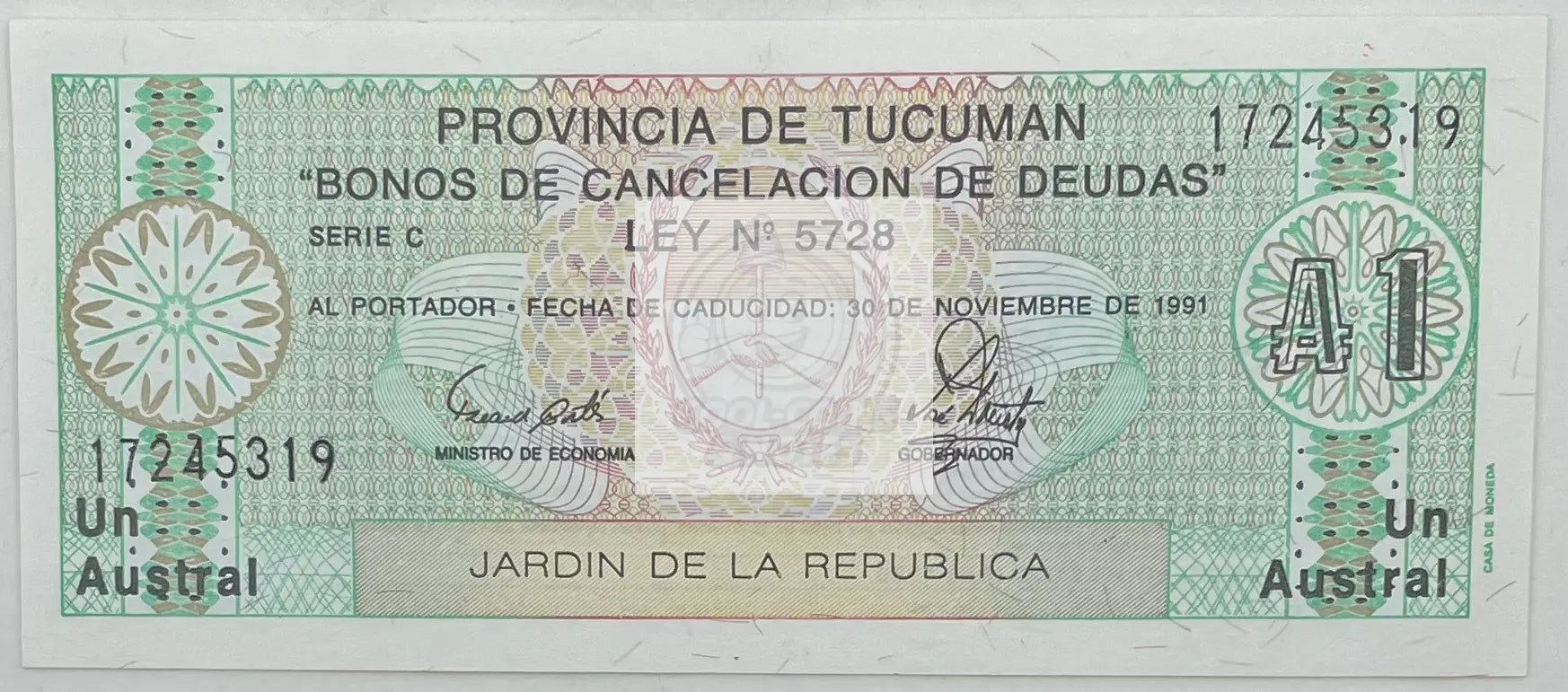 1991 Argentina 1 Austral S2711 UNC Banknote front view