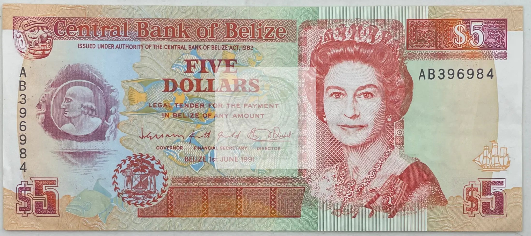 1991 Belize $5 Dollars P-53b, Used World Banknote - Cool Coins & Notes