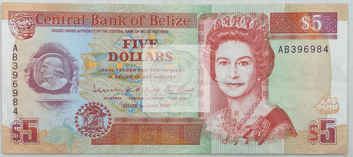 1991 Belize $5 Dollars P-53b, Used World Banknote - Cool Coins & Notes