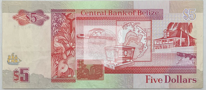 1991 Belize $5 Dollars P-53b, Used World Banknote - Cool Coins & Notes
