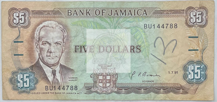 1991 Jamaica $5 Dollars P-70d Used World Banknote - Cool Coins & Notes