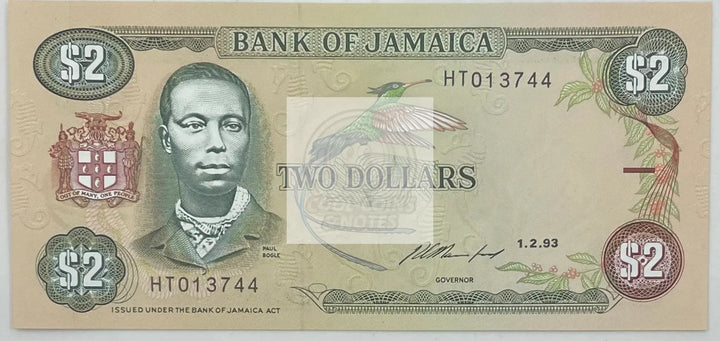 1993 Jamaica $2 Dollars  P-69e  UNC Banknote - Cool Coins & Notes